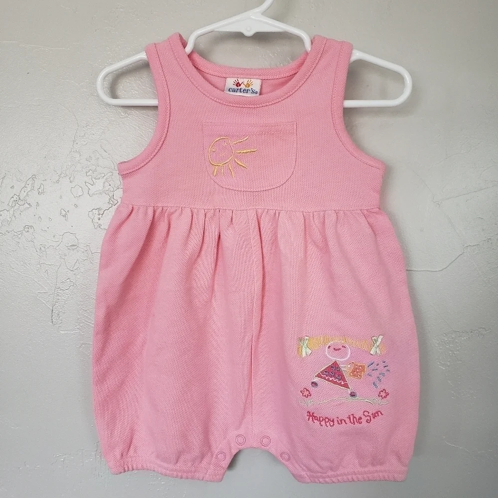 Carter's Vintage NWOT Baby Girl 3-6 Months Pink Sleeveless Romper Happy in Sun